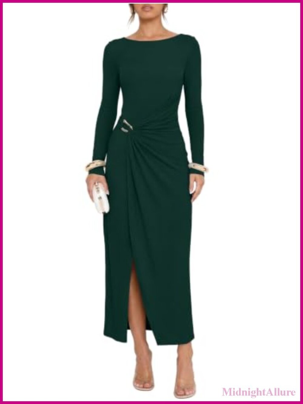 Long Sleeve Boat Neck Ruched Midi Dress Bodycon